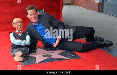 American ventriloquist and comedian Jeff Dunham and his puppet Walter strike a pose during an unveiling ceremony honoring him with the 2,619th star on the Hollywood Walk of Fame in Los Angeles on September 21, 2017. Photo by Jim Ruymen/UPI Stock Photo