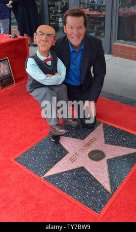 American ventriloquist and comedian Jeff Dunham and his puppet Walter strike a pose during an unveiling ceremony honoring him with the 2,619th star on the Hollywood Walk of Fame in Los Angeles on September 21, 2017. Photo by Jim Ruymen/UPI Stock Photo