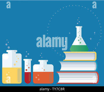 science text and colorful laboratory filled with a clear liquid and ...