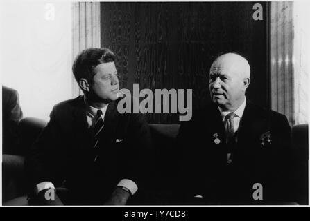 Kennedy and Khrushchev at Vienna Meeting; Scope and content:  Photograph of President John F. Kennedy and Chairman Nikita Khrushchev during their meeting in Vienna, Austria. Stock Photo