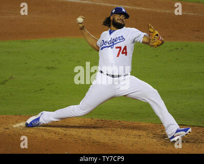 Los Angeles Dodgers' Kenley Jansen pitches in the 9th inning of Game 1 of the World Series against the Houston Astros at Dodger Stadium on October 24, 2017. The Dodgers won 3 to 1. Photo by Lori Shepler/UPI Stock Photo