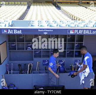 Los Angeles Dodgers team assistants clean the equipment before Game 2 of the World Series against the Houston Astros at Dodger Stadium in Los Angeles on October 25, 2017.    Photo by Lori Shepler/UPI Stock Photo