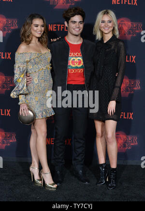 Actors Paris Berelc, Emery Kelly, and Isabel May (L-R) attend the premiere of Netflix's 'Stranger Things' Season 2 at the Regency Bruin Theatre in Los Angeles on October 26, 2017. Storyline: When a young boy disappears, his mother, a police chief, and his friends must confront terrifying forces in order to get him back.   Photo by Jim Ruymen/UPI Stock Photo