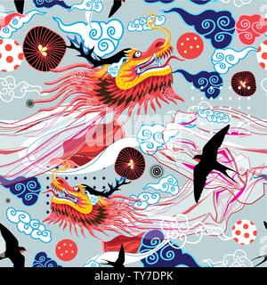 Beautiful bright Chinese pattern with dragons and swallows on a blue background with clouds. Template for wallpaper, poster or magazine. Stock Vector