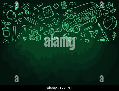 Back to School concept background with doodles. Green school board. Vector illustration Stock Vector
