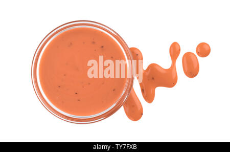 Pink cocktail sauce isolated on white background, top view, small bowl of thousand island sauce Stock Photo