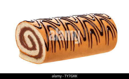 Sponge cake roll isolated on white background, swiss roll with chocolate cream Stock Photo