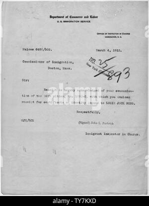 Letter acknowledging receipt of certificate of identity; Scope and content:  This document is filed with the Chinese Exclusion Act case file on Louie Jock Sung. Stock Photo