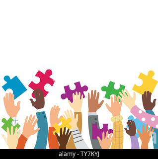 many hands holding colorful puzzle pieces background Stock Photo - Alamy