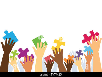 many hands holding colorful puzzle pieces background Stock Photo - Alamy