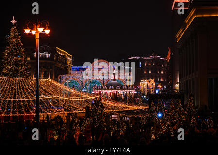 Festive Christmas illumination and decorations on streets of  Moscow- capital of Christmas, Russia. December 26th 2018, Moscow, Russia. Stock Photo