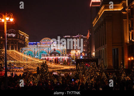 Festive Christmas illumination and decorations on streets of  Moscow- capital of Christmas, Russia. December 26th 2018, Moscow, Russia. Stock Photo