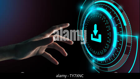 Man Pushing Button With Download Data Storage Sign Stock Photo