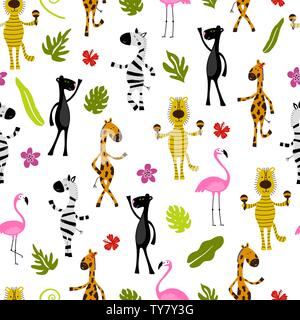Seamless pattern with flamingo, giraffe, zebra, tiger, panther and palm trees. Wildlife. Jungle. Stock Vector