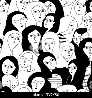 Vector seamless pattern with women faces. Happy women's day. Feminism. Hand drawn illustration. Stock Vector