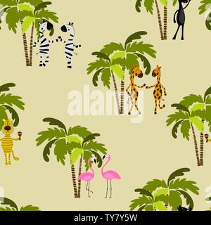 Seamless pattern with flamingo, giraffe, zebra, tiger, panther and palm trees. Wildlife. Jungle. Stock Vector