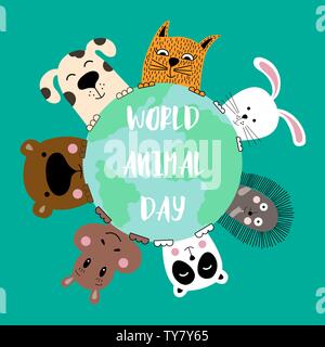 Banner with cat, dog, panda, bear, hippo, rabbit and hedgehog. World animal day. Vector illustration. Stock Vector