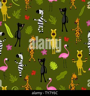 Seamless pattern with flamingo, giraffe, zebra, tiger, panther and palm trees. Wildlife. Jungle. Stock Vector