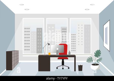 Office interior concept. Flat style. Modern business workspace with office furniture: chair, desk and computer. Vector illustration. Stock Vector