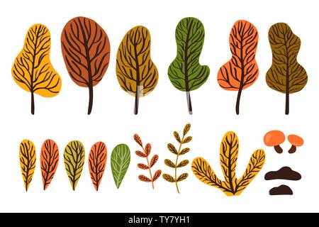 Set of illustrations with stylized trees, leaves, mushroom. Autumn. Flat style. Stock Vector