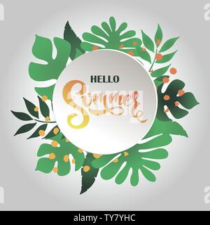 Summer banner with tropical leaves and lettering Hello Summer! Vector illustration. Stock Vector
