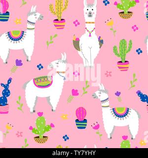 Seamless pattern with llama, cactus, flowers. Vector illustration. Stock Vector