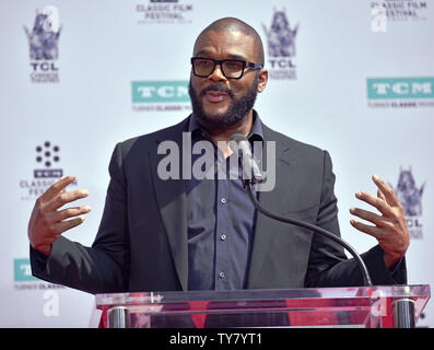 Director, screenwriter and actor Tyler Perry speaks to the audience during the hand and footprint ceremony honoring screen legend Cicely Tyson at the TCL Chinese Theatre in Hollywood during the 9th annual TCM Classic Film Festival on April 27, 2018. Photo by Chris Chew/UPI Stock Photo