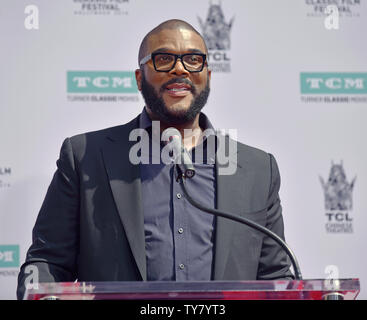 Director, screenwriter and actor Tyler Perry speaks to the audience during the hand and footprint ceremony honoring screen legend Cicely Tyson at the TCL Chinese Theatre in Hollywood during the 9th annual TCM Classic Film Festival on April 27, 2018. Photo by Chris Chew/UPI Stock Photo