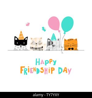 Happy friendship day. Cute cats best friends. Doodle style. Vector illustration. Stock Vector