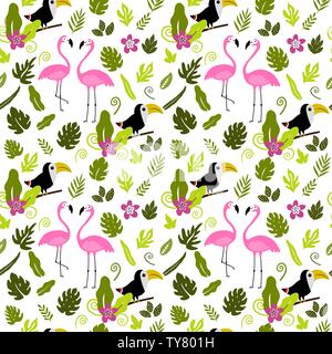 Seamless pattern with flamingo, toucan and palm leaves. Wildlife. Jungle. Stock Vector