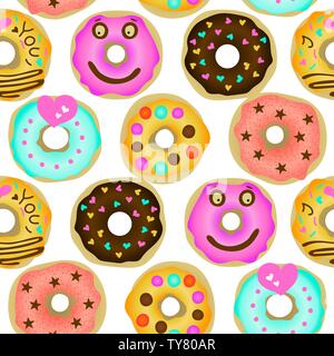 Donuts seamless pattern on white background. Vector illustration. Colorful design for textile, wallpaper, fabric, decor etc. Stock Vector
