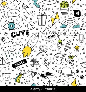 Set of cute and colorful doodle hand drawing on white background. Vector seamless pattern. Stock Vector