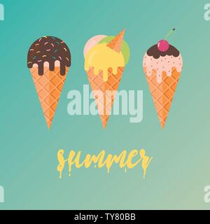 Collection of 3 vector ice cream illustrations. Flat design. Stock Vector
