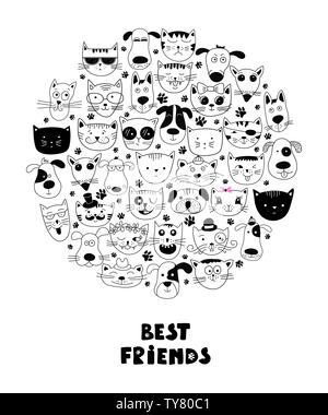 Dogs and cats best friends. Hand drawn animals, simple design. Set of cute doodle. Can be used for school books and drawing poster, T-shirt Print and Stock Vector