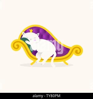 Beautiful white cat sleeping on a sofa.  Hostel for cat. Cute vector illustration. Stock Vector