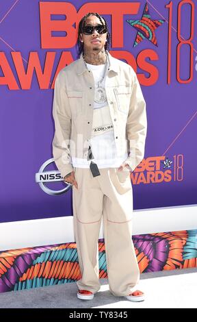 Hip-hop artist Tyga attends the 18th annual BET Awards at Microsoft Theater in Los Angeles on June 24, 2018. The ceremony celebrates achievements in entertainment and honors music, sports, television, and movies released between April 1, 2017 and March 31, 2018. Photo by Gregg DeGuire/UPI Stock Photo