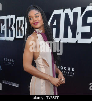 Cast member Laura Harrier attends the premiere of the biographical motion picture dramatic comedy 'BlacKkKlansman' at the Academy of Motion Picture Arts & Sciences in Beverly Hills, California on July 8, 2018. The story follows Ron Stallworth, an African-American police officer from Colorado, successfully managed to infiltrate the local Ku Klux Klan and became the head of the local chapter.  Photo by Jim Ruymen/UP Stock Photo