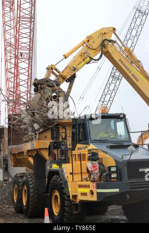 large machinery working on construction of new Grafton bridge using cranes Stock Photo