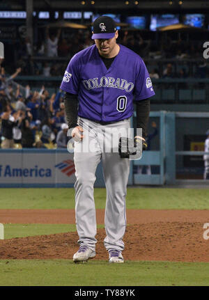 Colorado Rockies' relief pitcher Adam Ottavino reacts after giving up a solo home run in the 10th inning to Los Angeles Dodgers' Chris Taylor for a 3-2 victory at Dodger Stadium in Los Angeles on September 18, 2018. Photo by Jim Ruymen/UPI Stock Photo