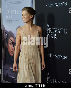 Cast member Rosamund Pike attends the premiere of the motion picture biographical war drama 'A Private War' at the Academy of Motion Picture Arts & Sciences in Beverly Hills, California on October 24, 2018. The film tells the story of one of the most celebrated war correspondents of our time, Marie Colvin, who is an utterly fearless and rebellious spirit, driven to the frontline of conflicts across the globe to give voice to the voiceless. Photo by Jim Ruymen/UPI Stock Photo