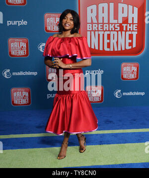 Cast member Taraji P. Henson, the voice of Yesss in the animated motion picture fantasy 'Ralph Breaks the Internet' at the El Capitan Theatre in the Hollywood section of Los Angeles on November 5, 2018. Storyline: Taking place six years after saving the arcade from Turbo's vengeance, the Sugar Rush arcade cabinet has broken, forcing Ralph and Vanellope to travel to the Internet via the newly-installed Wi-Fi router in Litwak's Arcade to retrieve the piece capable of saving the game.  Photo by Jim Ruymen/UPI Stock Photo