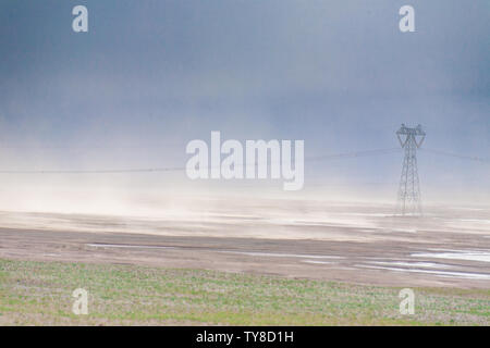 In summer, power line towers in the Cocoxili area of the Qinghai-Tibet Plateau Stock Photo