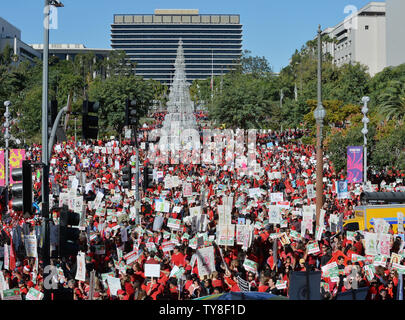 Thousands of Los Angeles Unified School District teachers and their supporters rally at City Hall and march through downtown to the Broad Museum,, the namesake of noted charter school proponent Eli Broad in a show of strength as their union moves closer to calling the district's first.teachers' strike since 1989 in Los Angeles on December 15, 2018. The March for Public Education is billed by the United Teachers Los Angeles union as a demand that the district 'give our students a chance and.stop starving our schools.''   Photo by Jim Ruymen/UPI Stock Photo