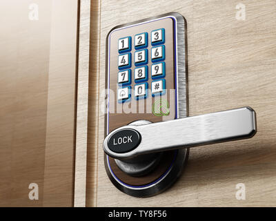 Digital security keypad and knob on door. 3D illustration. Stock Photo