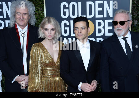 (l-r) Brian May, Lucy Boynton, Rami Malek, and Roger Taylor, attend the 76th annual Golden Globe Awards at the Beverly Hilton Hotel in Beverly Hills, California on January 6, 2019.   Photo by Jim Ruymen/UPI Stock Photo