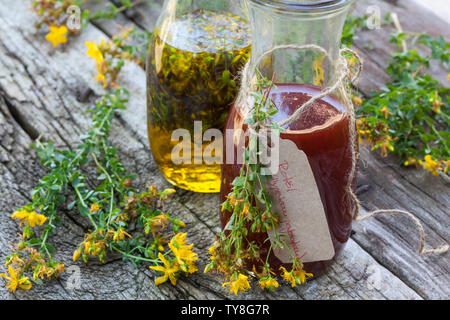 Johanniskrautöl, Johanniskraut-Öl, Rotöl, Johannisöl, Hyperici oleum, Oleum Hyperici, wird aus Johanniskrautblüten in Öl gewonnen. St. John's wort oil Stock Photo