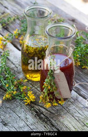 Johanniskrautöl, Johanniskraut-Öl, Rotöl, Johannisöl, Hyperici oleum, Oleum Hyperici, wird aus Johanniskrautblüten in Öl gewonnen. St. John's wort oil Stock Photo