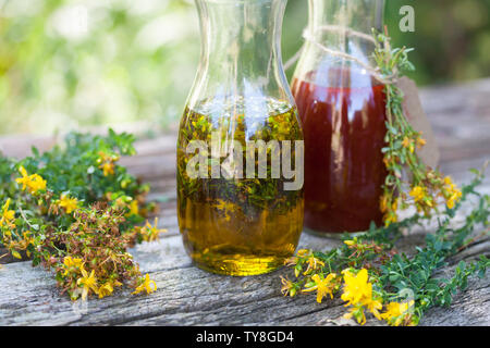 Johanniskrautöl, Johanniskraut-Öl, Rotöl, Johannisöl, Hyperici oleum, Oleum Hyperici, wird aus Johanniskrautblüten in Öl gewonnen. St. John's wort oil Stock Photo