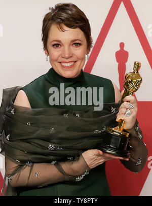 Olivia Colman, winner of Best Actress for 'The Favourite,' appears backstage with her Oscar during the 91st annual Academy Awards at Loews Hollywood Hotel in the Hollywood section of Los Angeles on February 24, 2019. Photo by John Angelillo/UPI Stock Photo