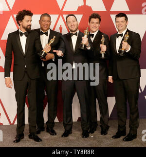 (L-R) Bob Persichetti, Peter Ramsey, Rodney Rothman, Phil Lord, and Christopher Miller, winners of Best Animated Feature Film for 'Spider-Man: Into the Spider-Verse,' appears backstage with their Oscar during the 91st annual Academy Awards at Loews Hollywood Hotel in the Hollywood section of Los Angeles on February 24, 2019. Photo by John Angelillo/UPI Stock Photo